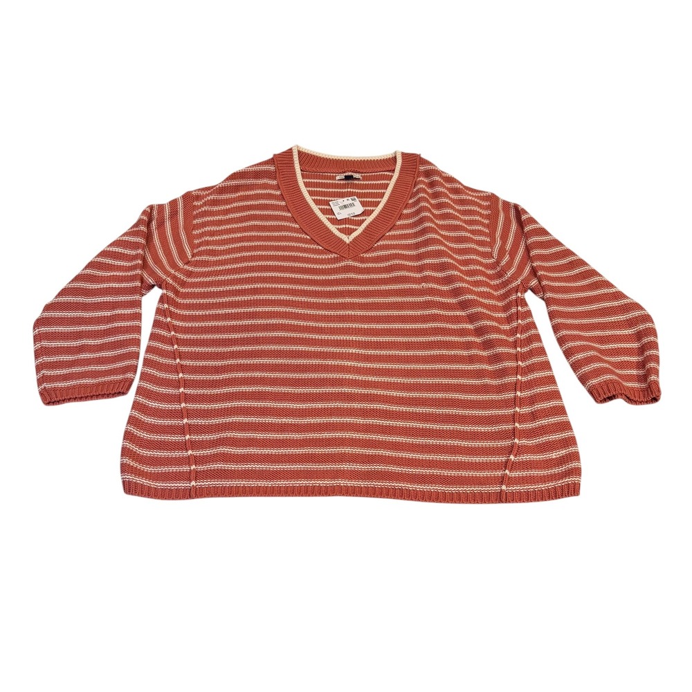 American Eagle Womens V-Neck Striped Knit Sweater Pink Large Oversized Boxy NEW
